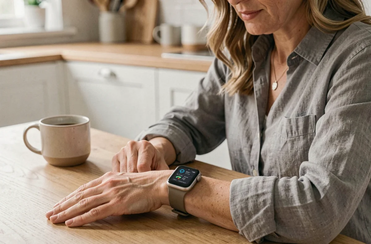 Femme consultant sa montre connectée pour mesurer sa tension artérielle dans une cuisine moderne