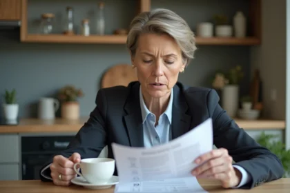 Femme d'affaires pensive tenant un test dans la cuisine