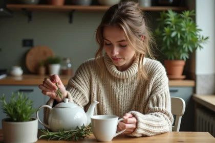 Femme dans sa cuisine ajoutant du romarin à son thé