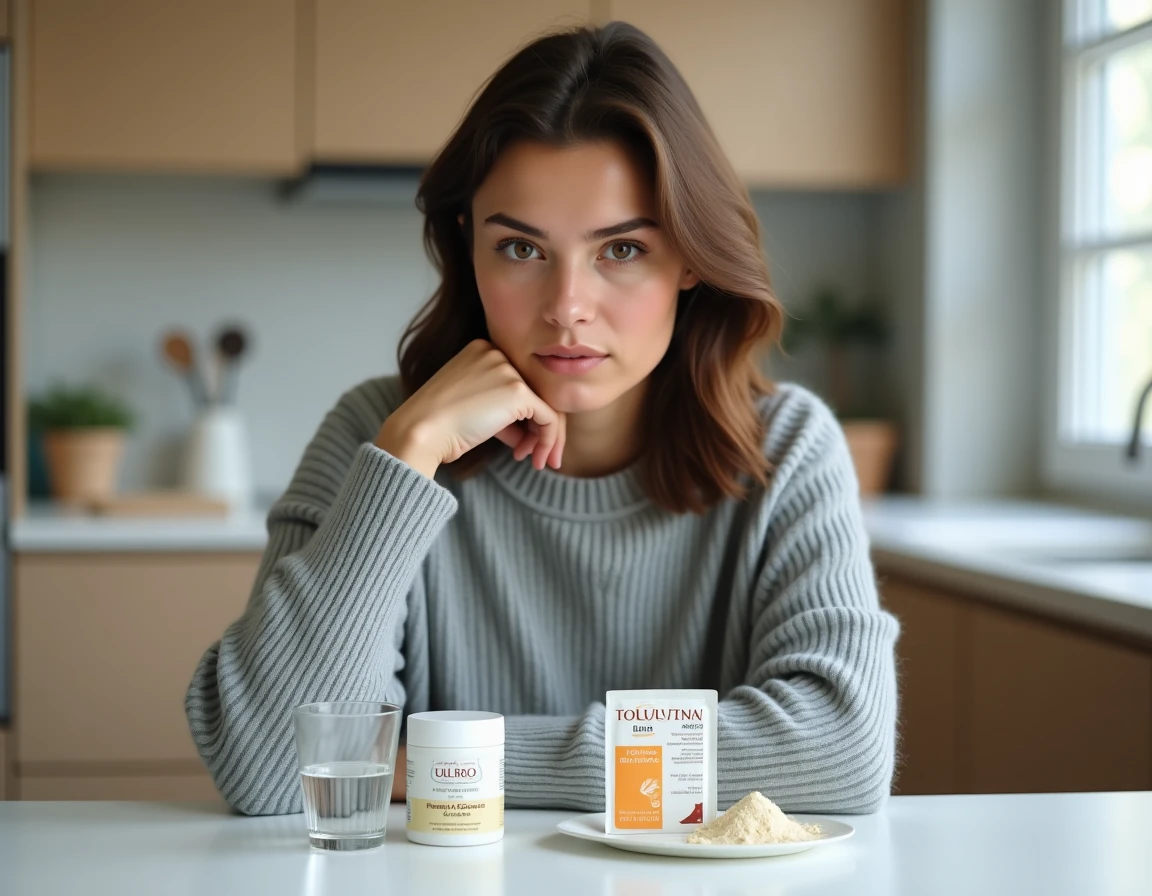 Jeune femme à table avec un sachet d'ULTRA Levure et des antibiotiques, illustrant la prise simultanée de probiotiques