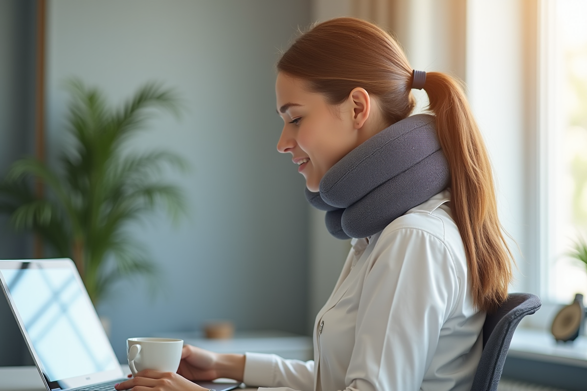 Jeune femme utilisant un oreiller cervical au bureau