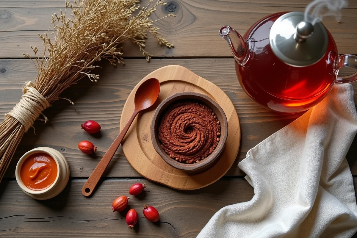 Flat lay de feuilles de rooibos séchées, masque naturel et théière en verre pour illustrer les vertus cosmétiques du rooibos
