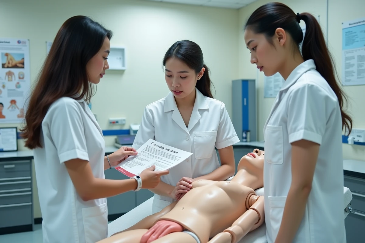 Étudiants en soins infirmiers apprenant la prévention et la classification des escarres sur mannequin en laboratoire de simulation