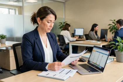 Professionnelle en blouse examinant des grilles de salaire ASHQ dans un bureau administratif moderne