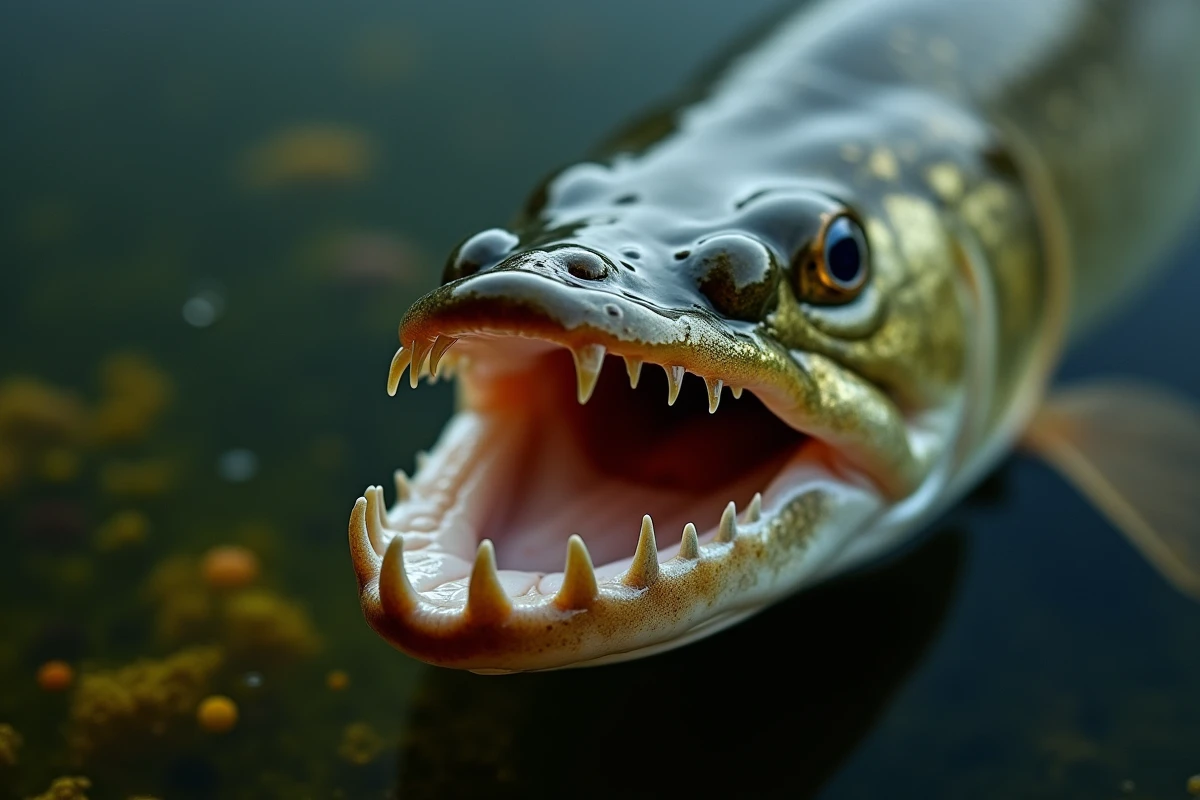Gros plan sur les dents acérées d'un brochet en milieu aquatique naturel, détail anatomique de la mâchoire