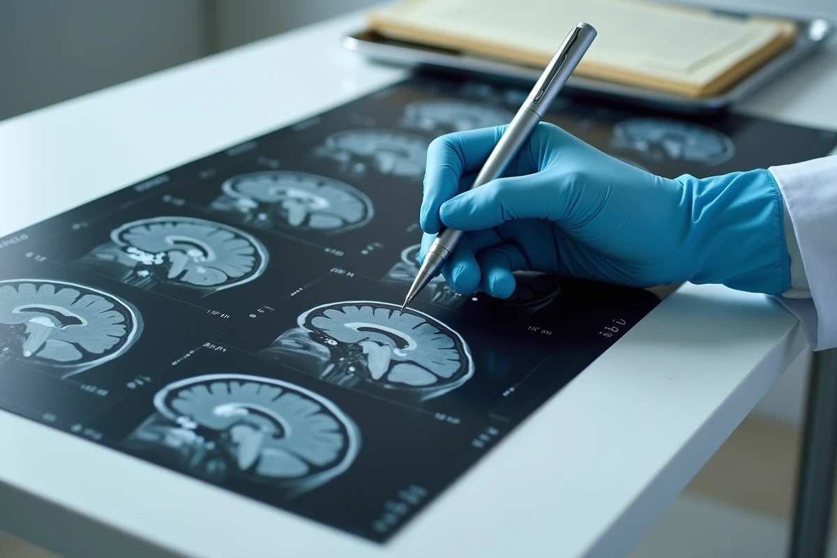 Gros plan d'un film IRM cérébral montrant des hypersignaux avec un médecin désignant une lésion suspecte