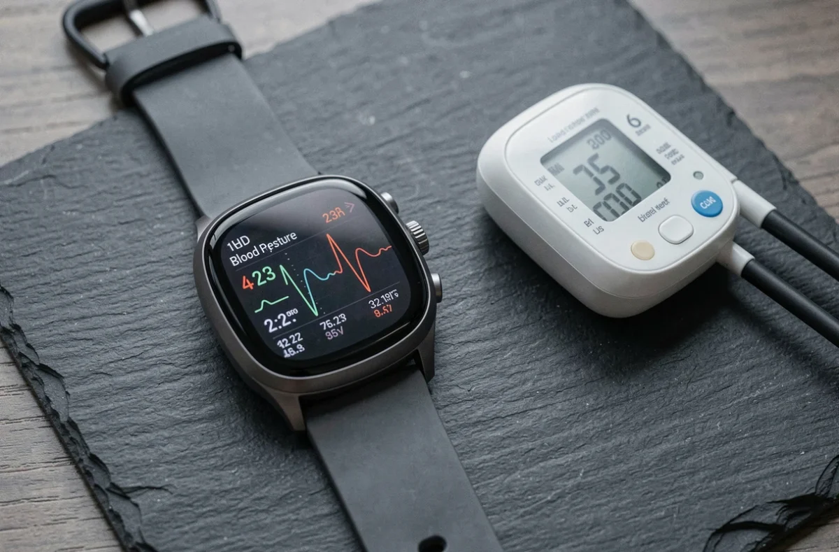 Gros plan comparatif d'une montre tensiomètre connectée et d'un appareil médical classique sur fond ardoise