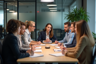 Groupe d'employes en atelier bien etre au bureau