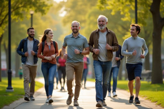 Groupe de personnes marchant dans un parc ensoleille
