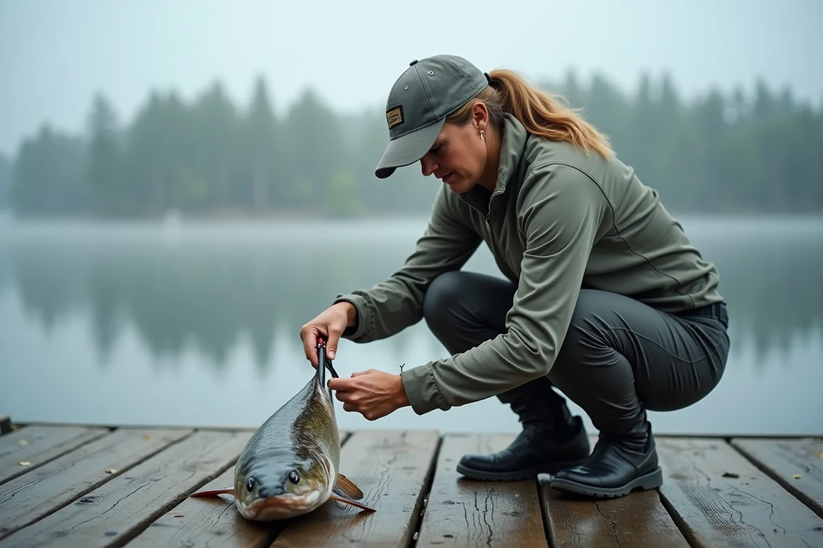 Guide de pêche retirant un hameçon de la gueule d'un brochet avec précaution sur un ponton en bois, gestes de sécurité