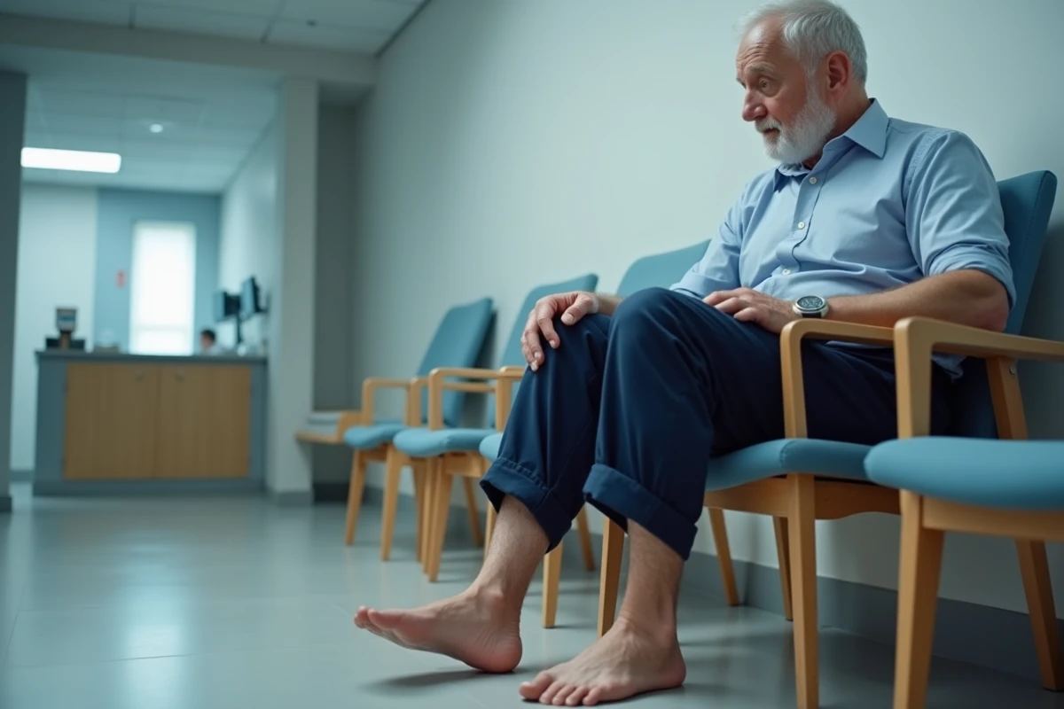 Homme âgé assis dans une salle d'attente médicale avec les deux chevilles visiblement enflées, exprimant une inquiétude face à ses symptômes