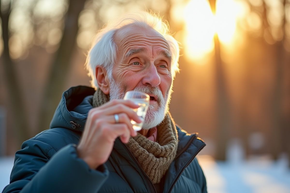 Homme âgé prenant une capsule de vitamine D dans un parc en hiver