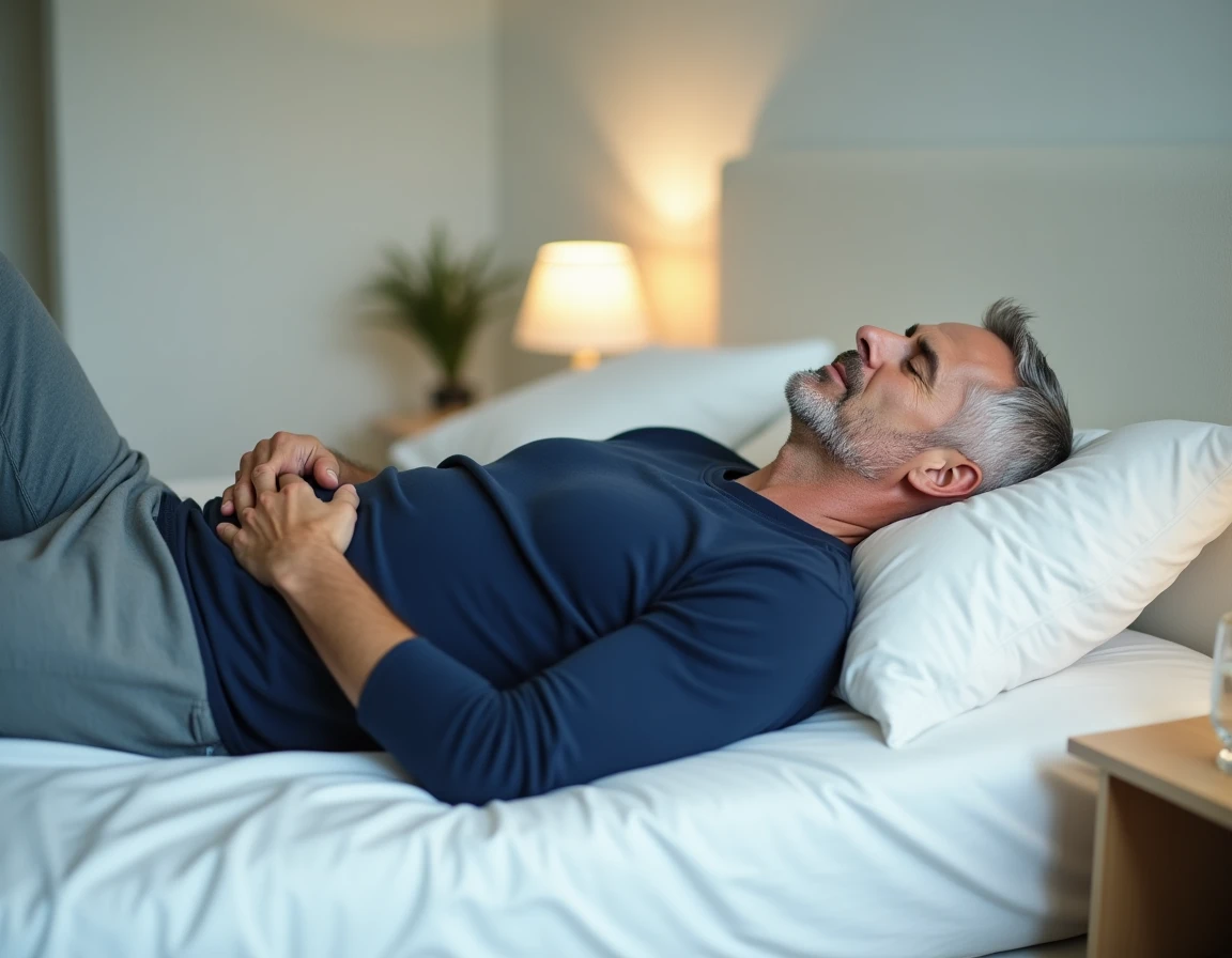 Homme allongé sur un lit tenant sa main dans le bas du dos côté droit, illustrant une douleur dorsale basse chez l'homme