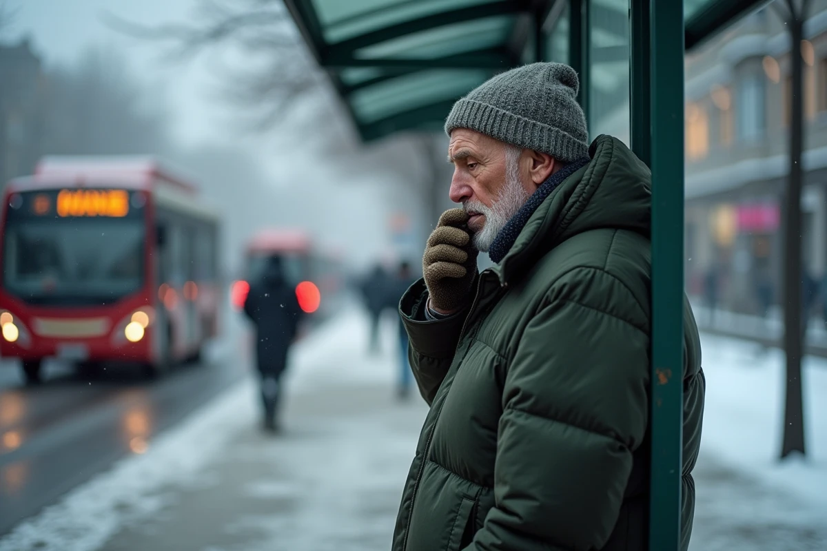Homme âgé en manteau vert et bonnet attendant au bus par temps froid