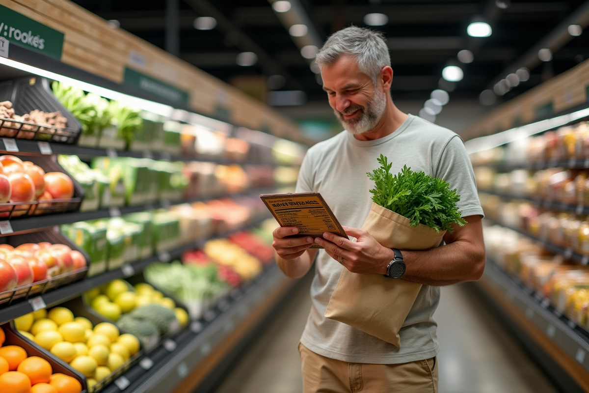 Homme vérifiant une étiquette nutrition dans un supermarché