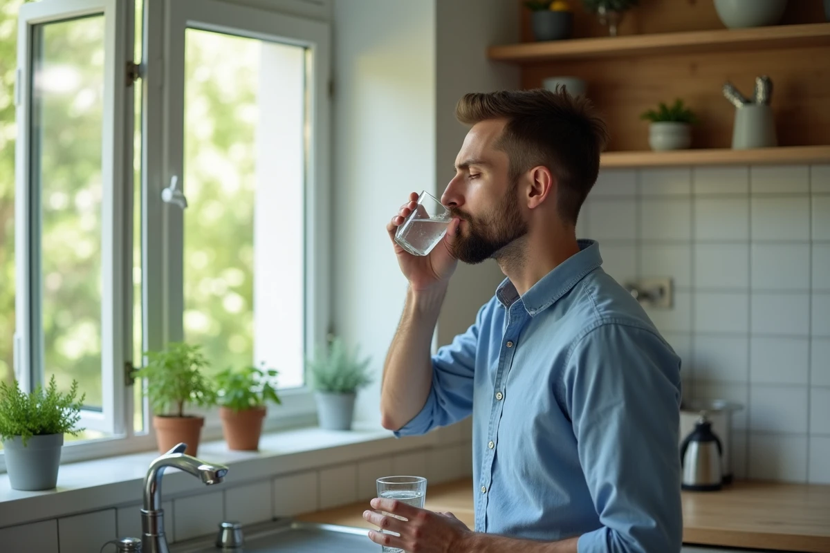 Jeune homme se reposant après une quinte de toux dans la cuisine