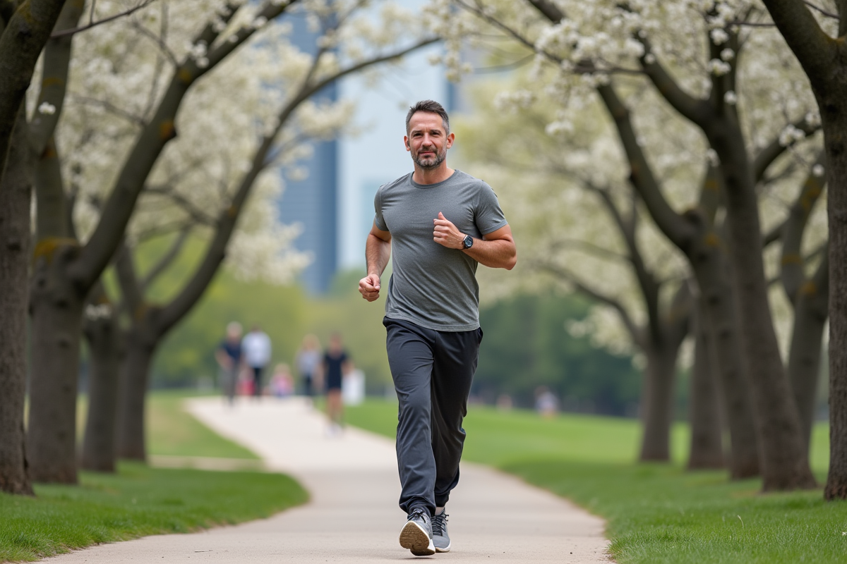 Homme en jogging marchant dans un parc urbain