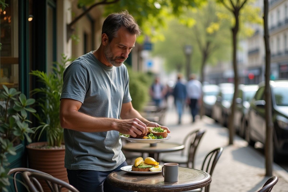 Homme préparant un toast sur une terrasse parisienne en matinée