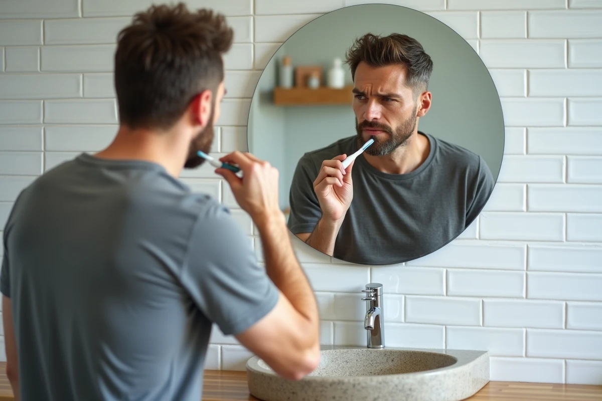 Homme appliquant un dentifrice blanchissant devant un miroir de salle de bain en cherchant à réduire le jaunissement des dents