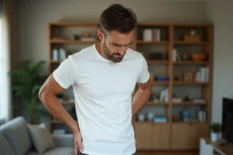 Homme d'une trentaine d'années tenant sa main dans le bas du dos côté droit, exprimant une douleur dorsale dans un salon moderne