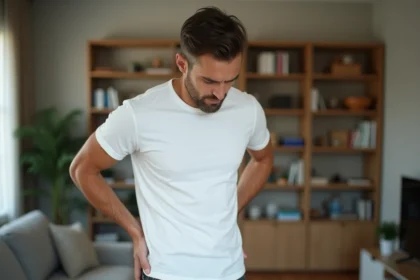 Homme d'une trentaine d'années tenant sa main dans le bas du dos côté droit, exprimant une douleur dorsale dans un salon moderne
