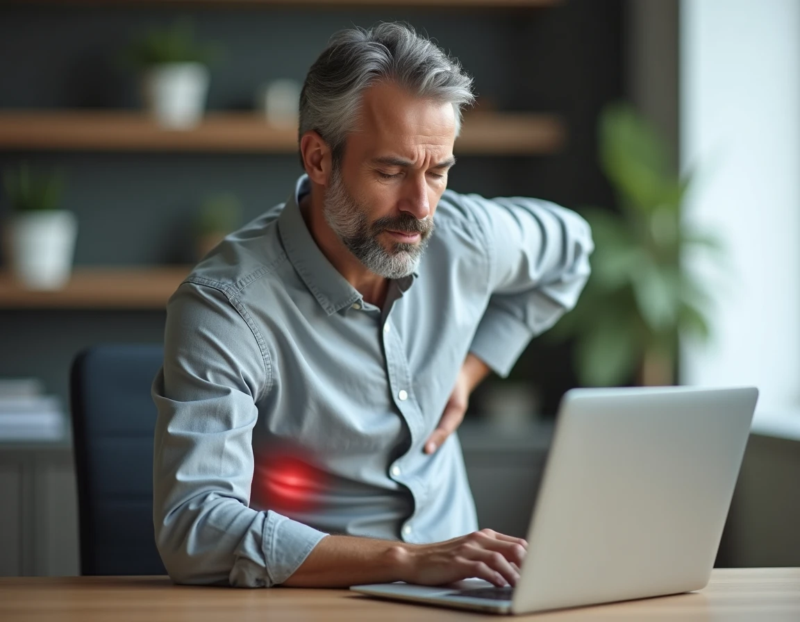 Homme en chemise de bureau assis à un bureau, se tenant le bas du dos droit avec une expression de douleur dorsale