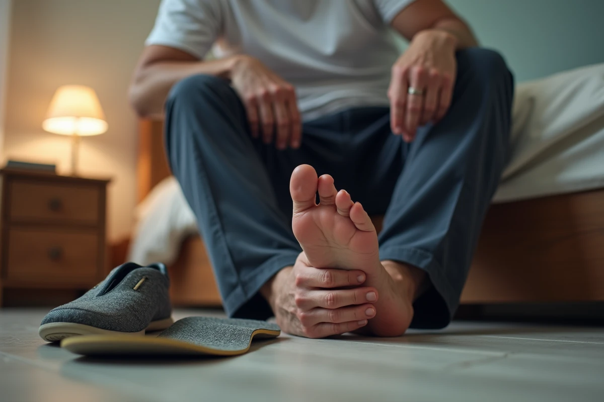 Homme âgé massant son talon douloureux lié à une épine calcanéenne avec une semelle orthopédique visible