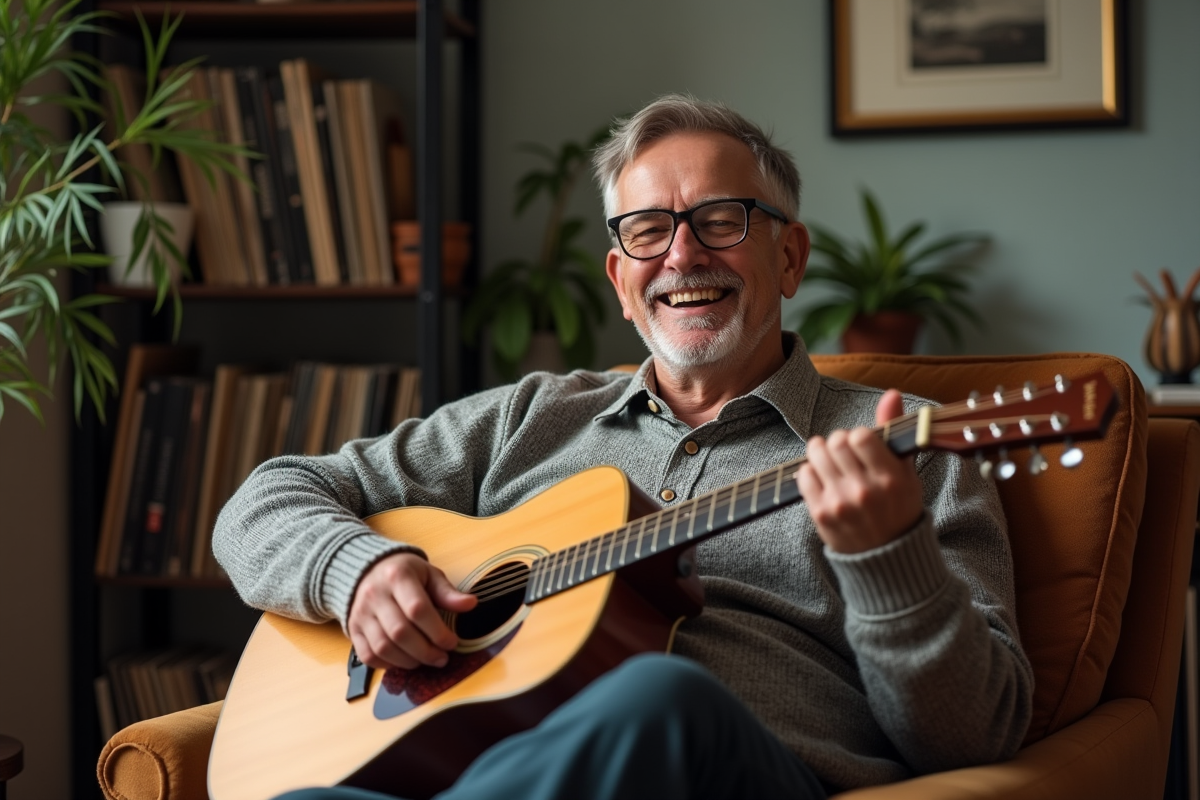 Homme jouant de la guitare dans un salon chaleureux