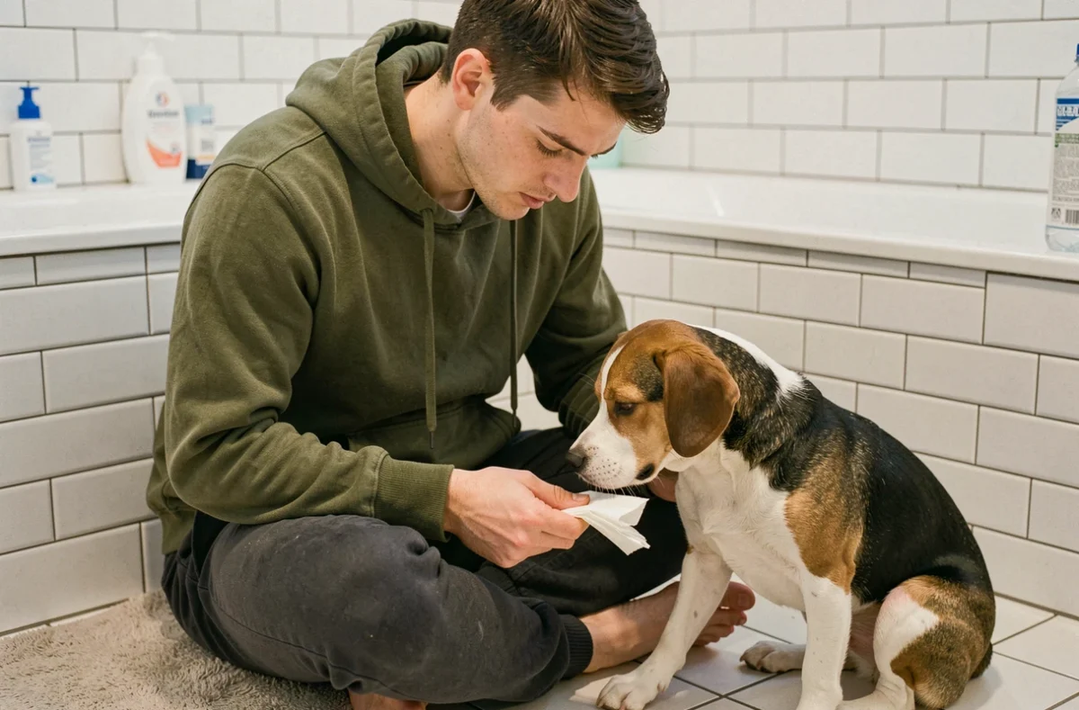 Jeune homme inspectant les glandes anales de son beagle dans une salle de bain à domicile suite à une odeur d'oeuf pourri