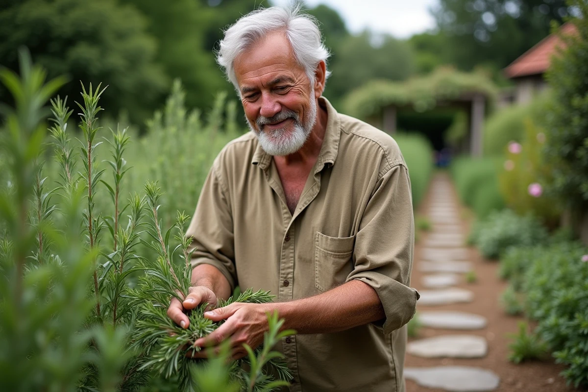 Homme récoltant du romarin dans un jardin aromatique