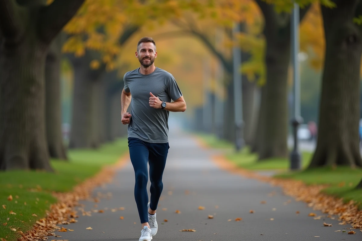 Homme qui fait du jogging dans un parc urbain, illustrant les bénéfices d'un mode de vie sain et d'une période prolongée sans alcool pour le foie