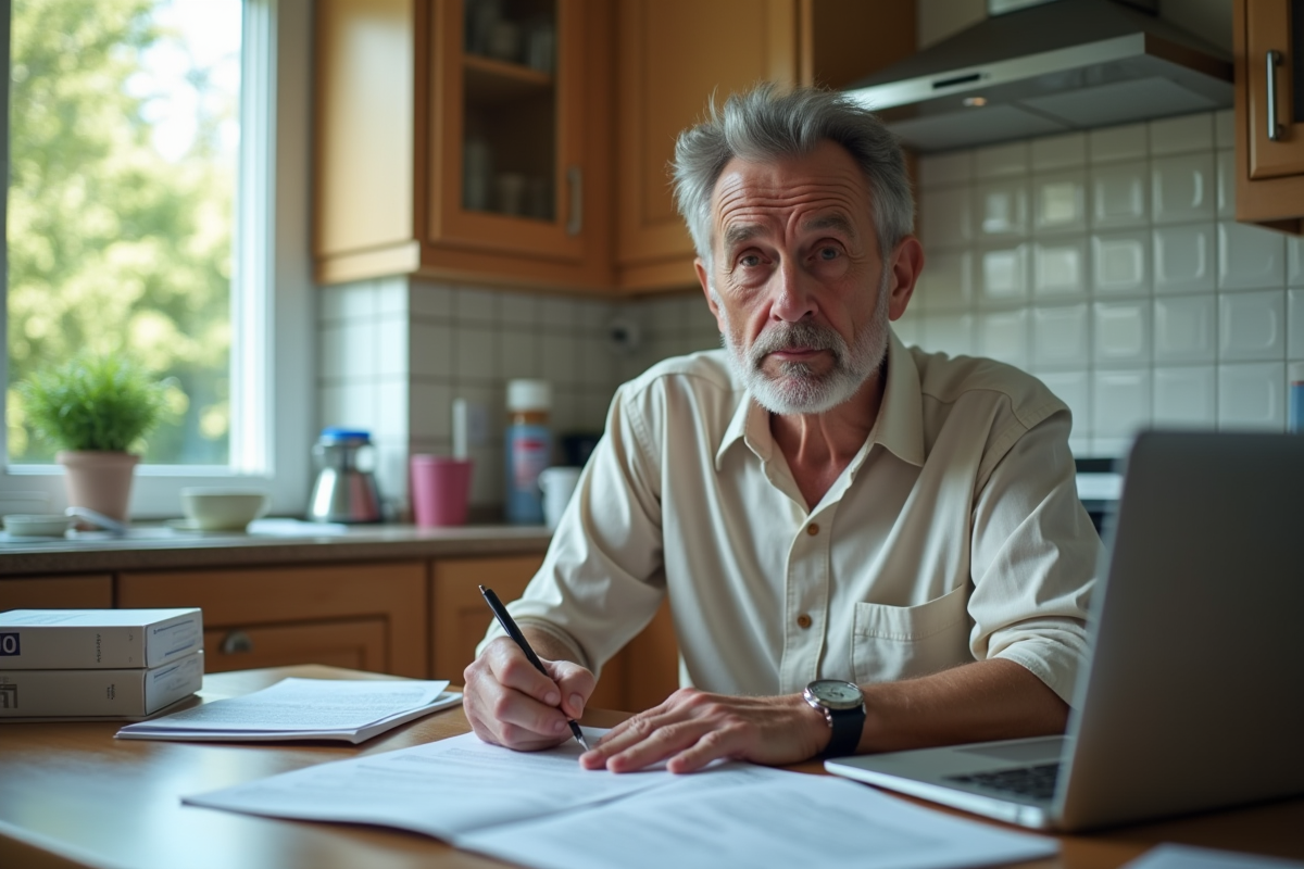 Homme middleaged prenant des notes dans sa cuisine