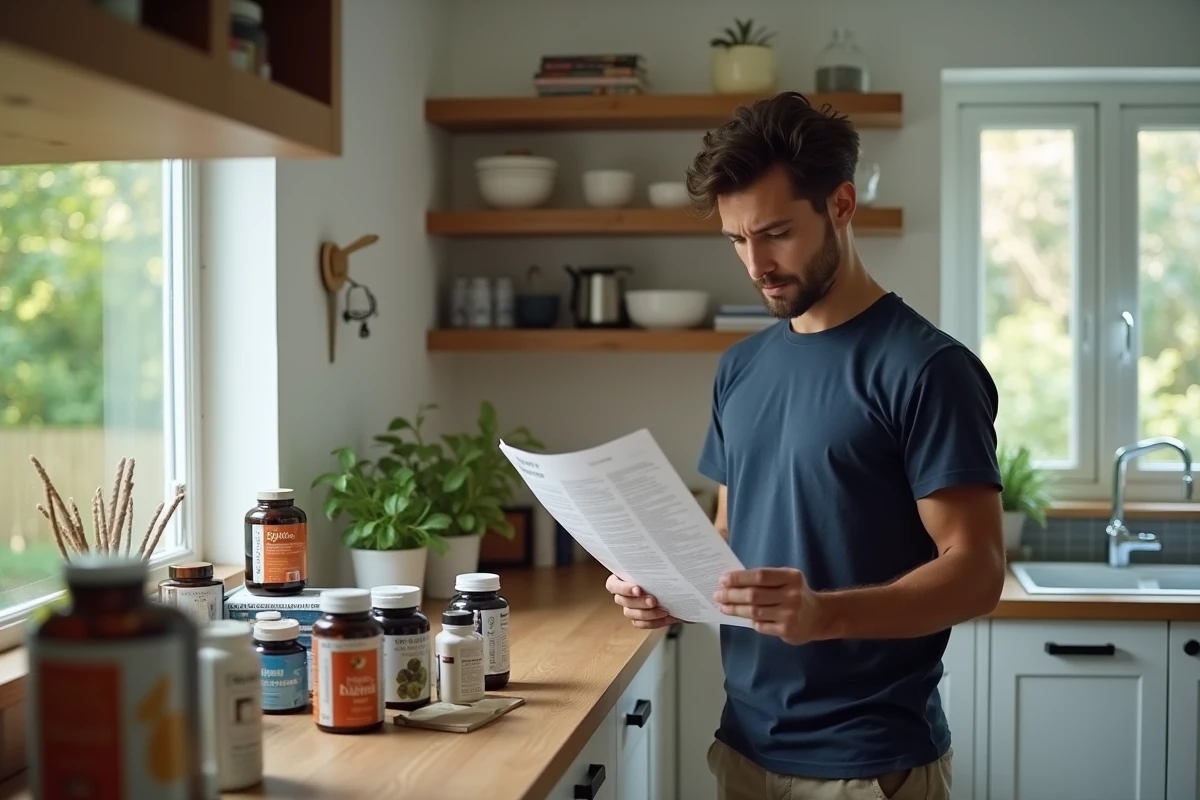 Homme regardant un article sur la santé dans la cuisine