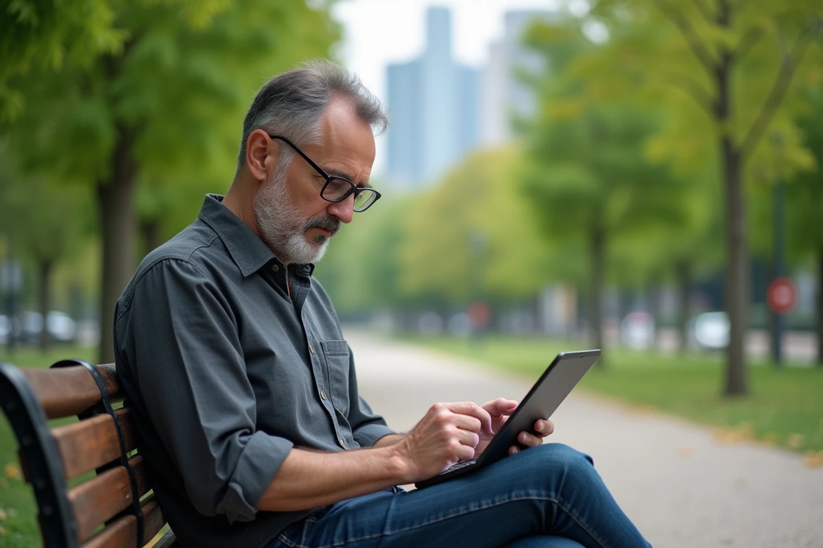Homme lisant sur un banc dans un parc urbain en plein air