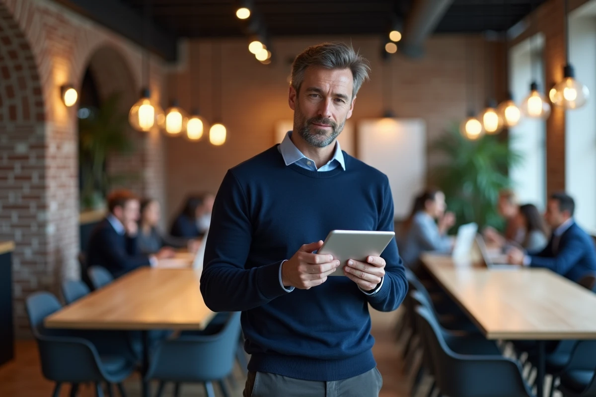 Homme consultant un magazine numérique sur tablette dans un espace de coworking moderne et animé