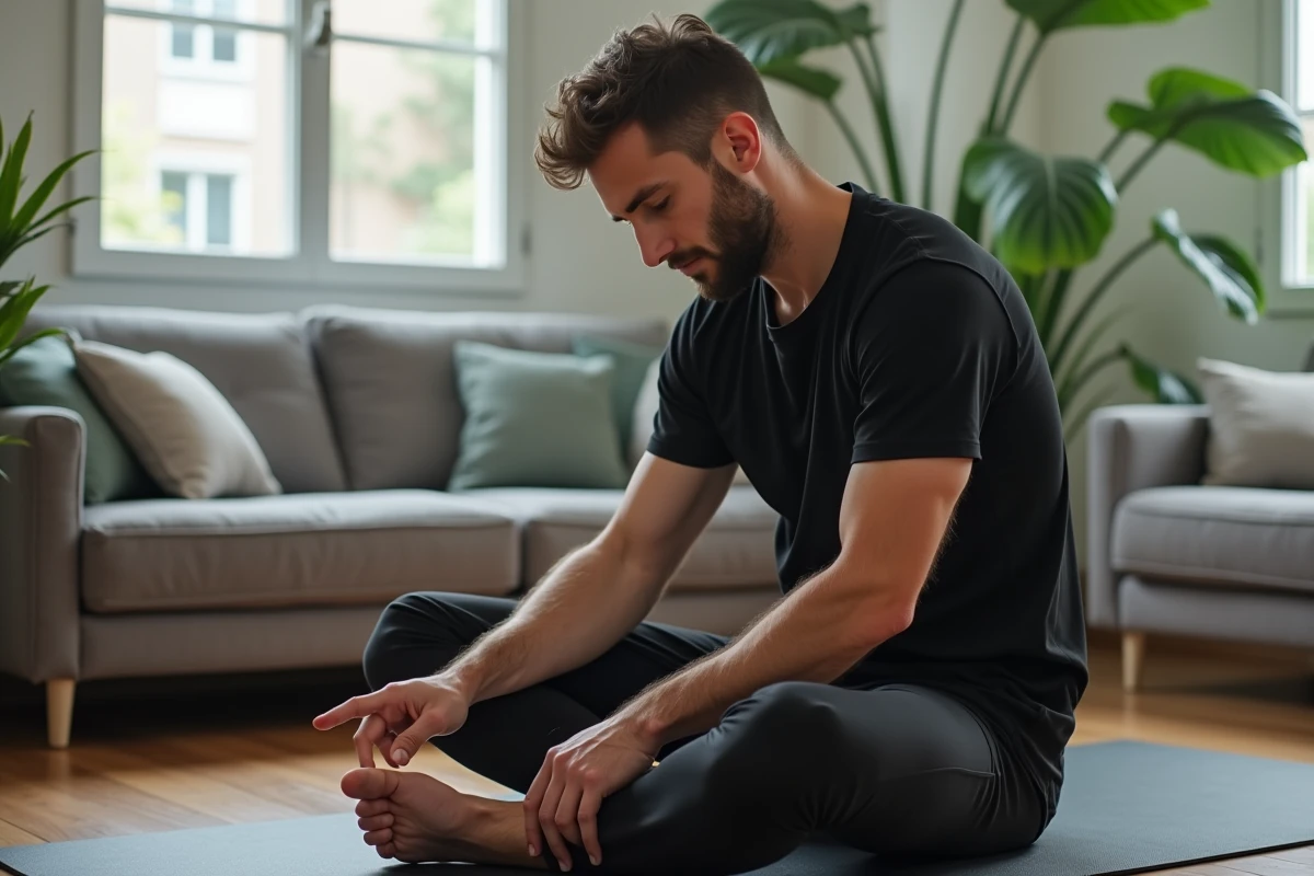 Homme en position assise montrant pression sur le pied dans le salon