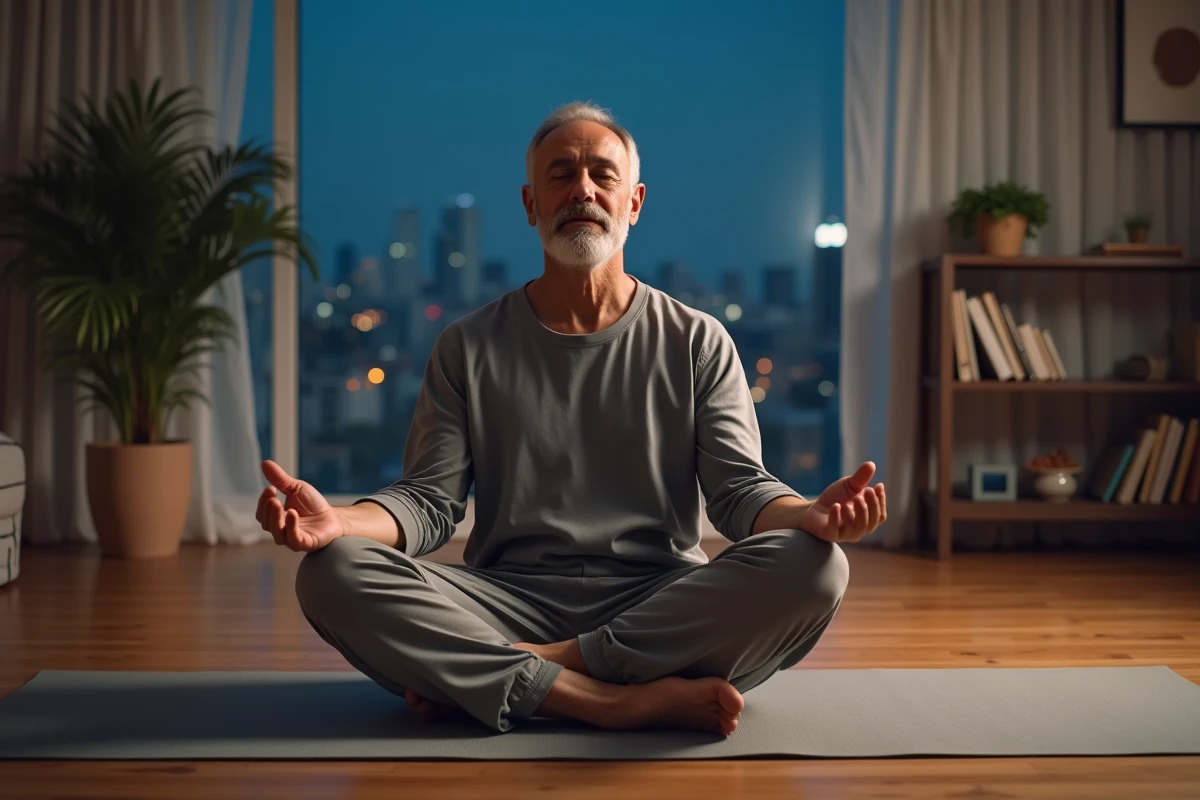Homme méditant dans un salon moderne et paisible