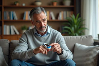 Homme d'âge moyen utilisant un oxymètre à la maison