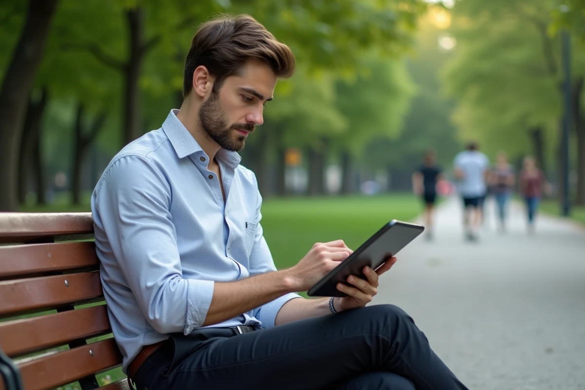Jeune homme en plein air comparant des applications de bien-être