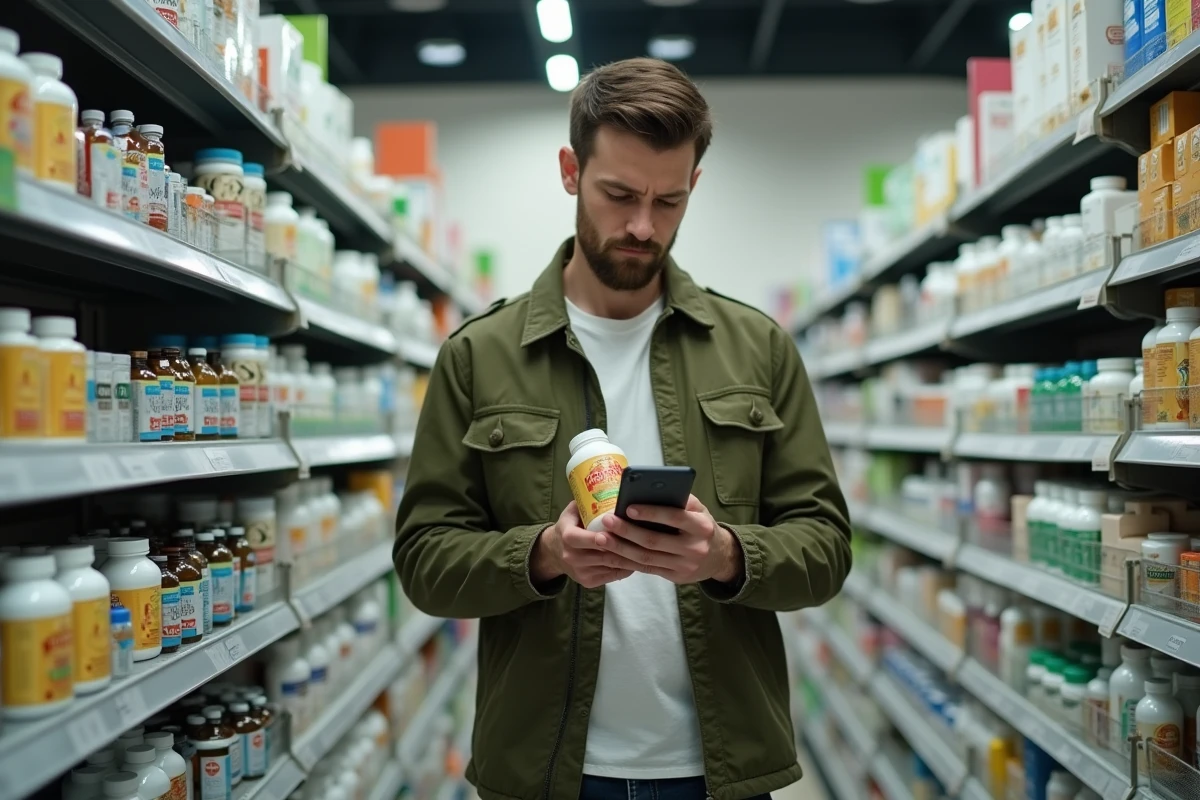 Homme en pharmacie consultant les avis Bears with benefits sur son téléphone devant un rayon de compléments alimentaires