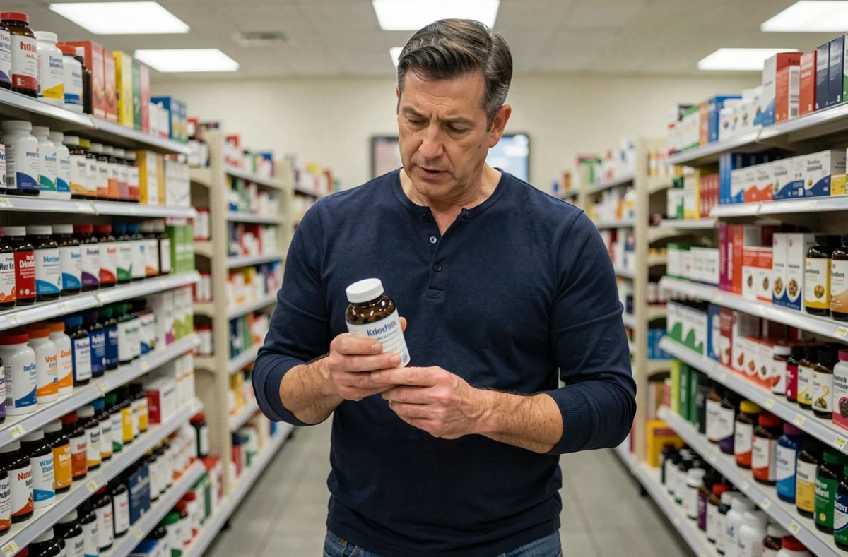 Homme en pharmacie examinant un complément alimentaire, illustrant le questionnement autour du Xyphanol