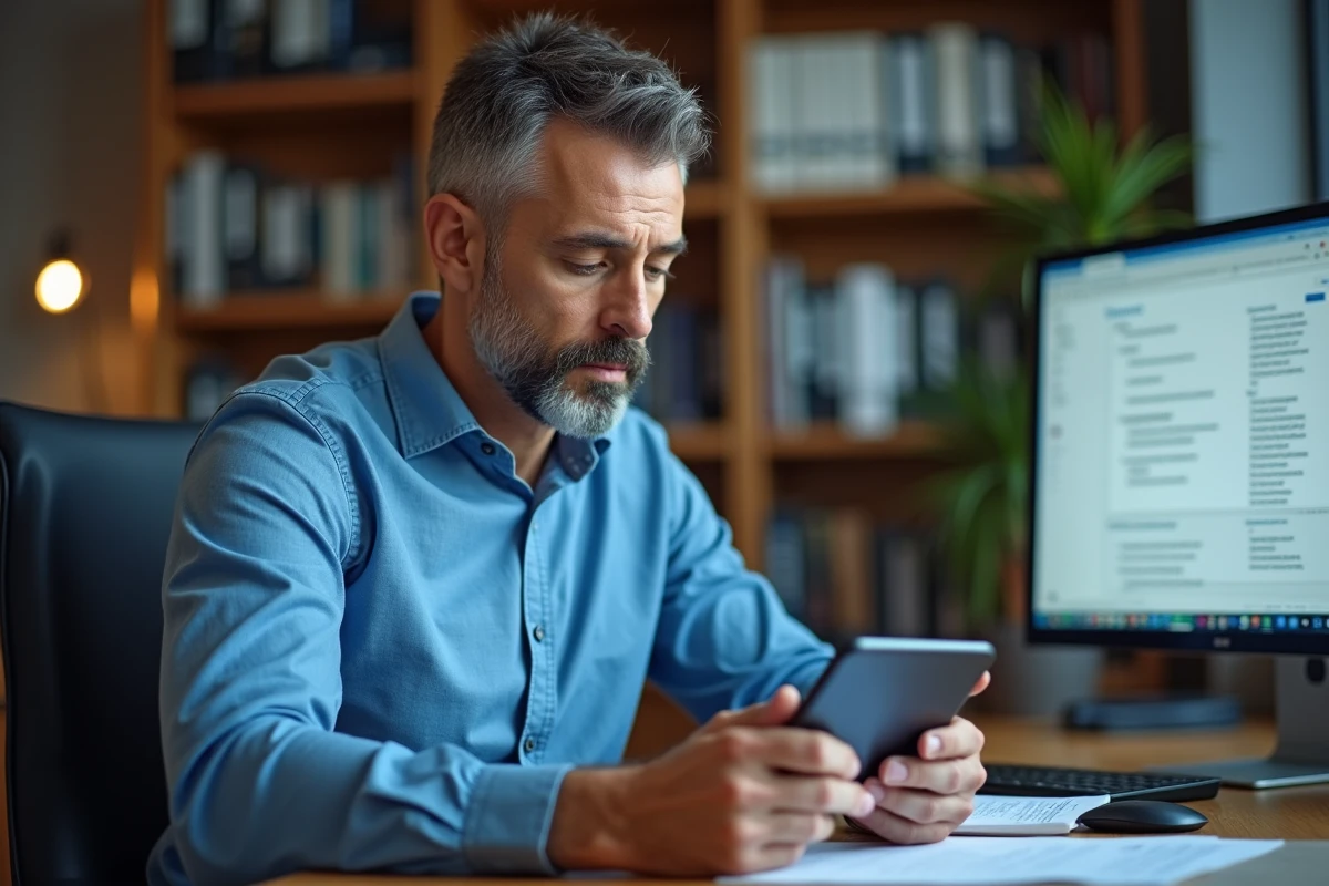 Homme en pleine recherche d'avis consommateurs sur un forum spécialisé concernant Indiva System depuis son bureau