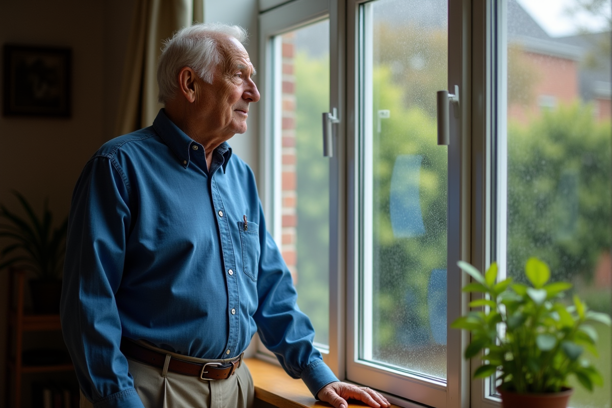 Homme agee regardant par la fenetre dans un jardin calme
