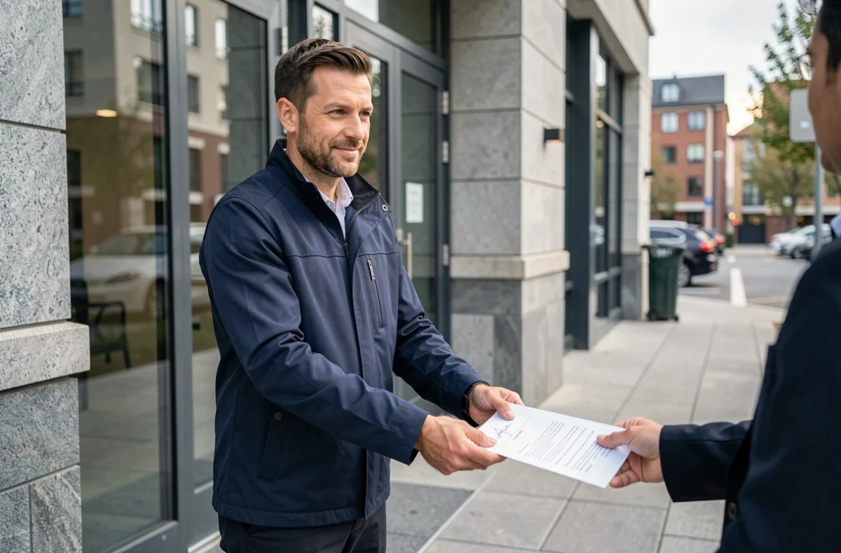 Homme remettant des documents d'assurance devant un immeuble résidentiel urbain