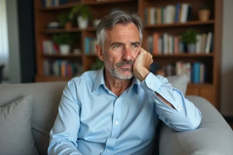 Homme d'âge moyen assis dans un salon moderne pensif