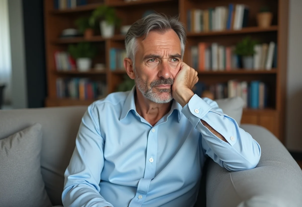 Homme d'âge moyen assis dans un salon moderne pensif