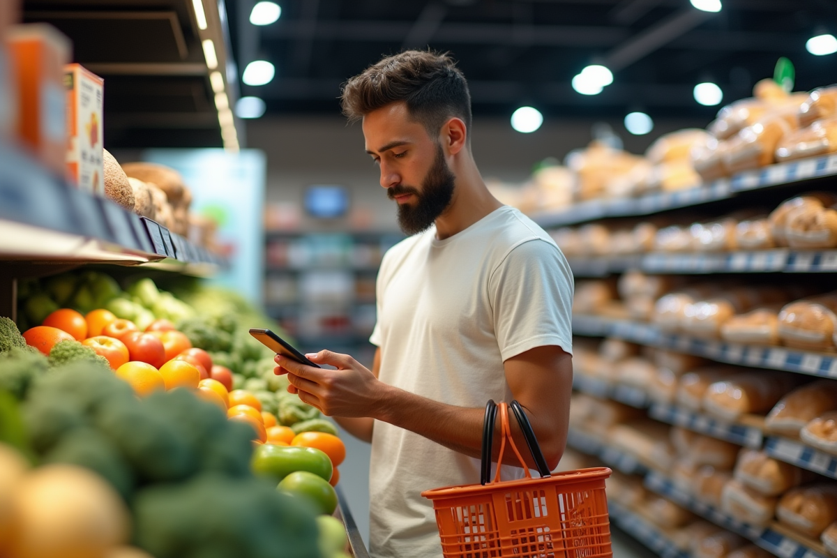 Jeune homme scannant une application de calories au supermarche