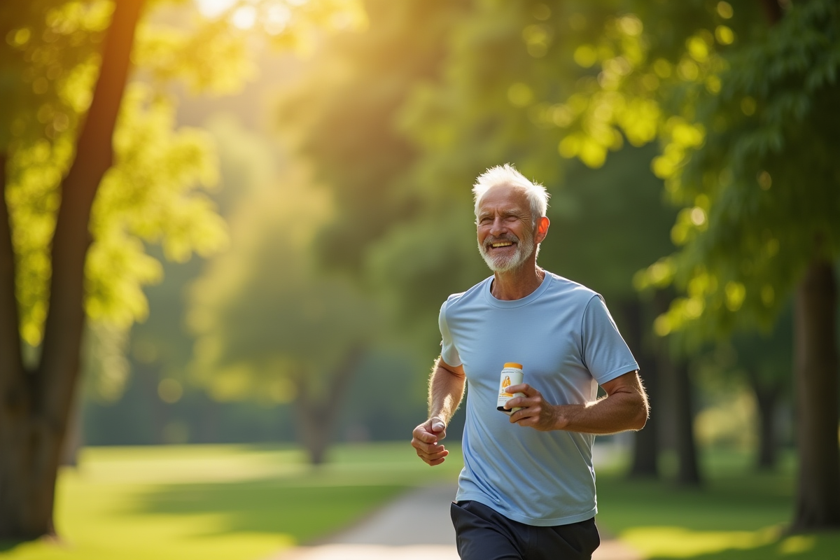 Homme senior courant dans un parc avec bouteille de B12