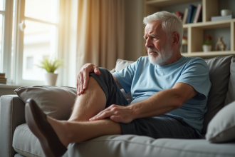 Homme senior assis sur un canapé se massant la jambe