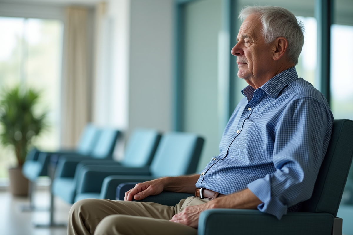 Homme âgé en attente dans une salle de clinique avec douleur